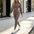 thumbnail image 5 of Women's 2‑Piece Tracksuit Set, Letter‑Embroidered Cropped Hooded Sweatshirt with Drawstring & High‑Waist Cuffed Jogger Pants, Solid‑Color Sporty Outfit for Daily Workout Commute Brown XXS(XXS), 5 of 8