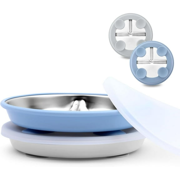 Stainless Steel Toddler Suction Plate with Lid, Deeper 9" Divided Plates with Removable Silicone Sleeves for Kids, Non Toxic & BPA Free | Unbreakable Baby Snack Dishes Set of 2, Blue & Gray
