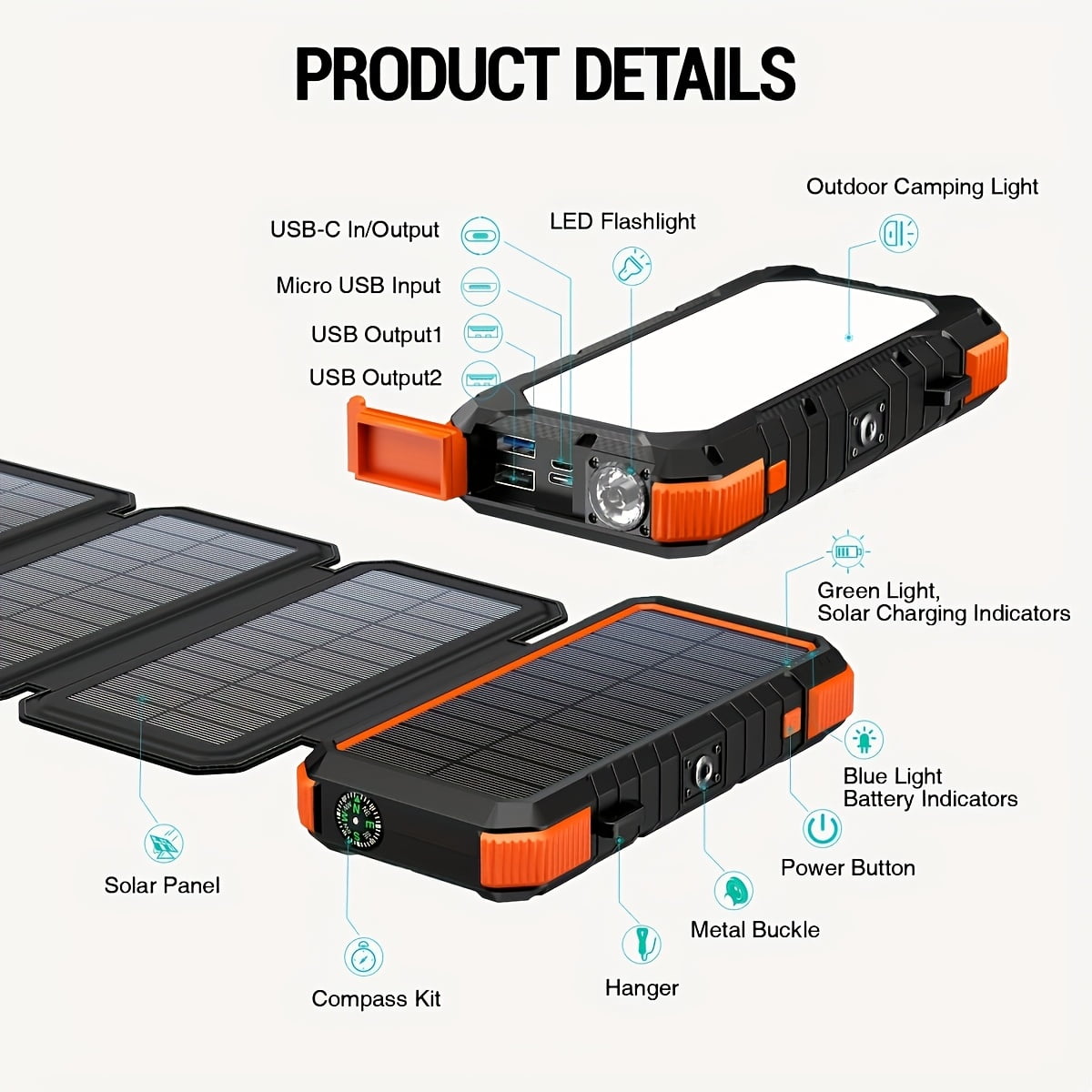 Solar Charger, 4 Foldable Panels, 18W Fast Charging Power Bank With 20000mAh Battery Pack, 4 USB Port, Solar Powered Charger With Camping Flashlight Compass, For Cell Phone