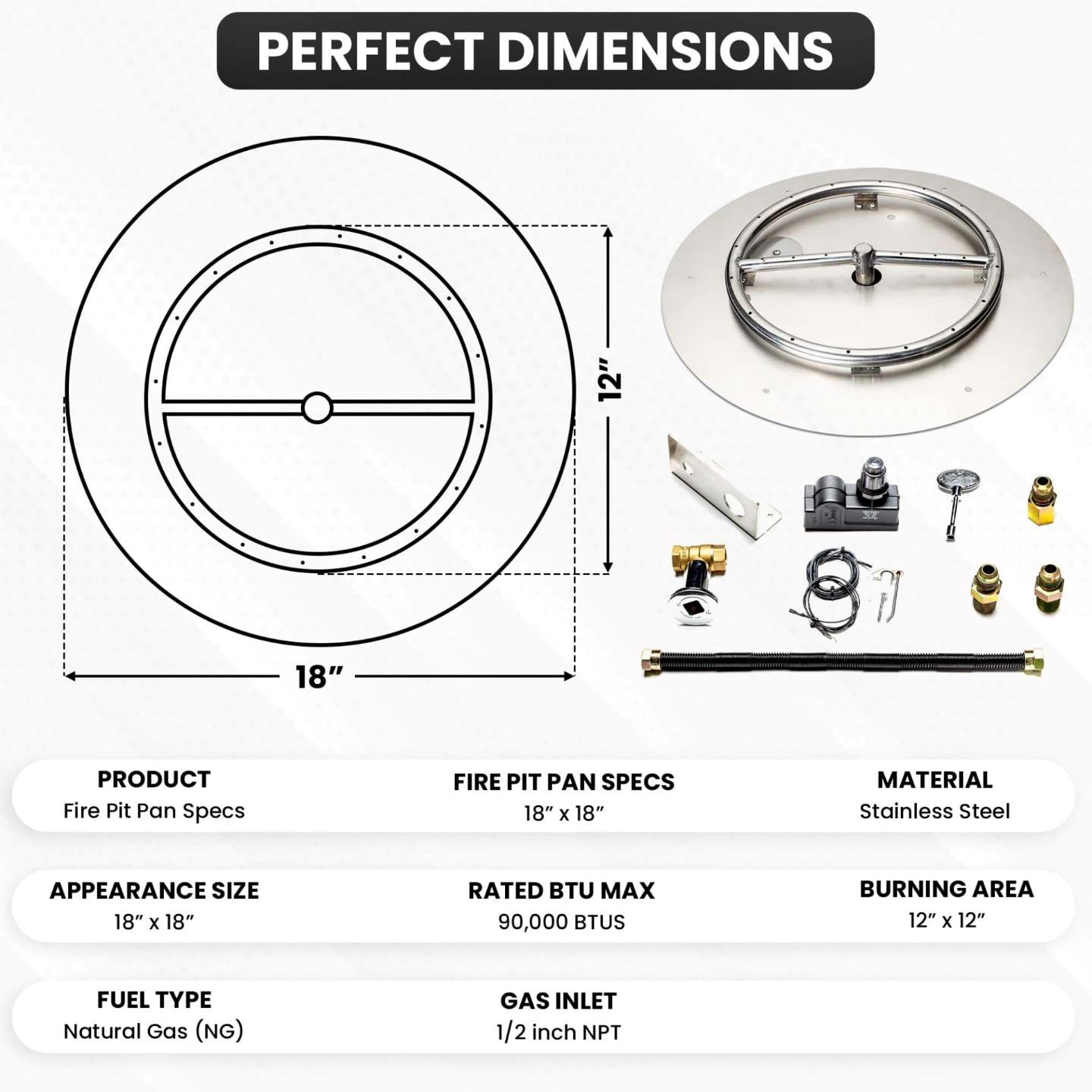 Dreffco Stainless Steel Fire Pit Burner Pan & Ring Standard Kit with Spark Ignition for Natural Gas, 18-Inch Pan, 12-Inch Ring, 90,000 BTU Max