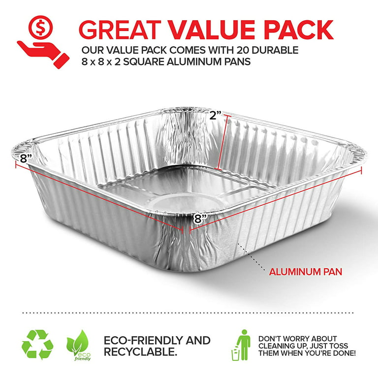 Stock Your Home 8x8 Foil Pans with Lids (20 Count) 8 inch Square Aluminum Pans with Covers - Foil Pans and Foil Lids - Disposable Food Contai