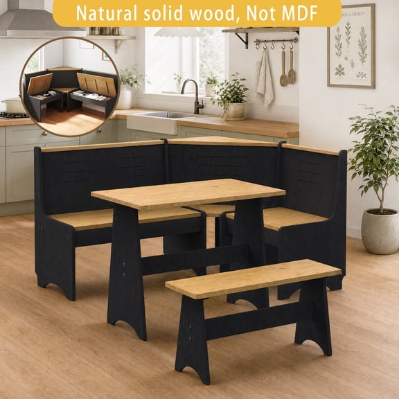 Breakfast Nook Kitchen Corner Dining Table Bench Chair Set, Space-Saving 3-4 Seat L-Shape Farmhouse Mid Century Modern Style for Family Home Black Wood