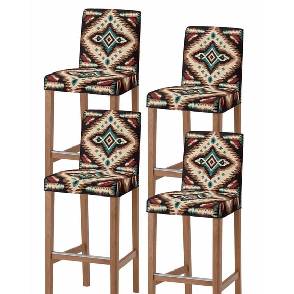 Brown Teal Red Boho Bar Stool Covers Set of 4, Southwestern Vintage Geometric Art Stretch Washable Bar Chair Covers with Backs, Removable Pub Counter Height Chair Cover for Kitchen Dining Room Cafe
