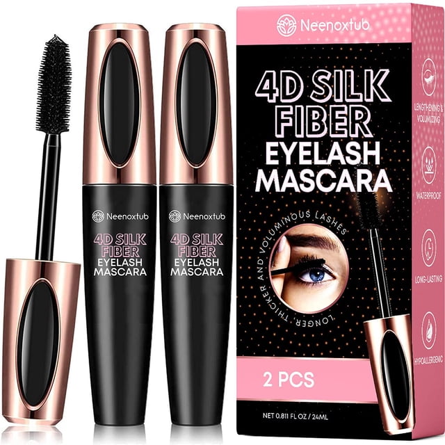 Máscara de pestañas Neenoxtub 4D Silk Fiber, alargadora y densa, de larga duración, resistente al agua y a las manchas, fórmula hipoalergénica (paquete de 2), color negro