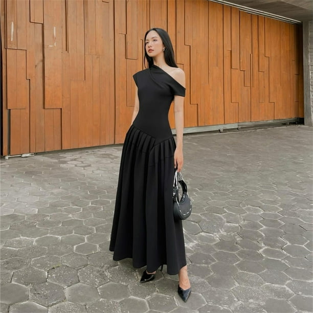 Vestido largo plisado de retazos negro elegante para mujer cuello medio alto manga corta cintura alta oficina ropa de calle verano