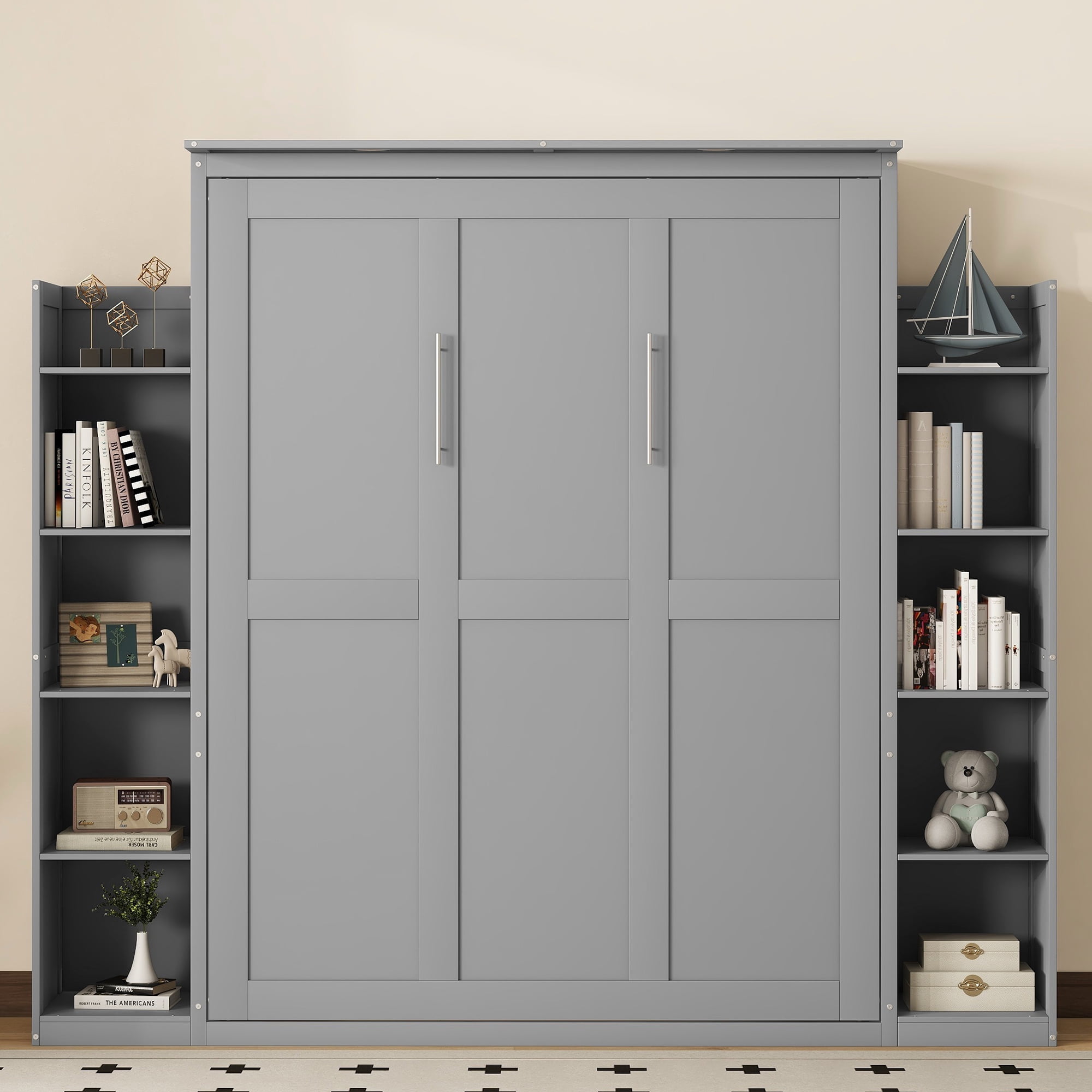 Mintazer Queen Size Murphy Bed with Side Bookcases & LED Lights, Folding Wall Cabinet Bed with Storage for Guest Room Home Office Apartment, Grey