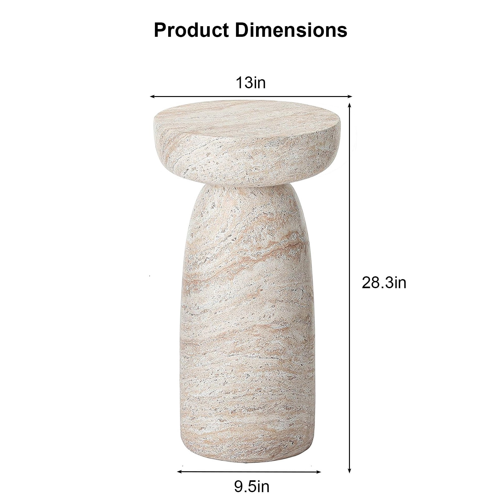 Side Table with Mushroom Shape and Natural Stone Grain, Waterproof Patio End Table and Accent Table for Balcony Yard Hallway, Beige White