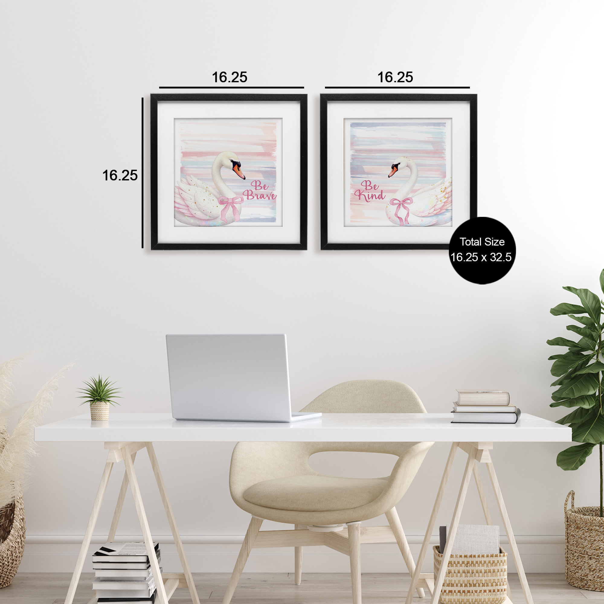 Be Brave & Kind Pastel Swan 2 Piece Black Framed Print Under Glass Set, design by Kim Allen