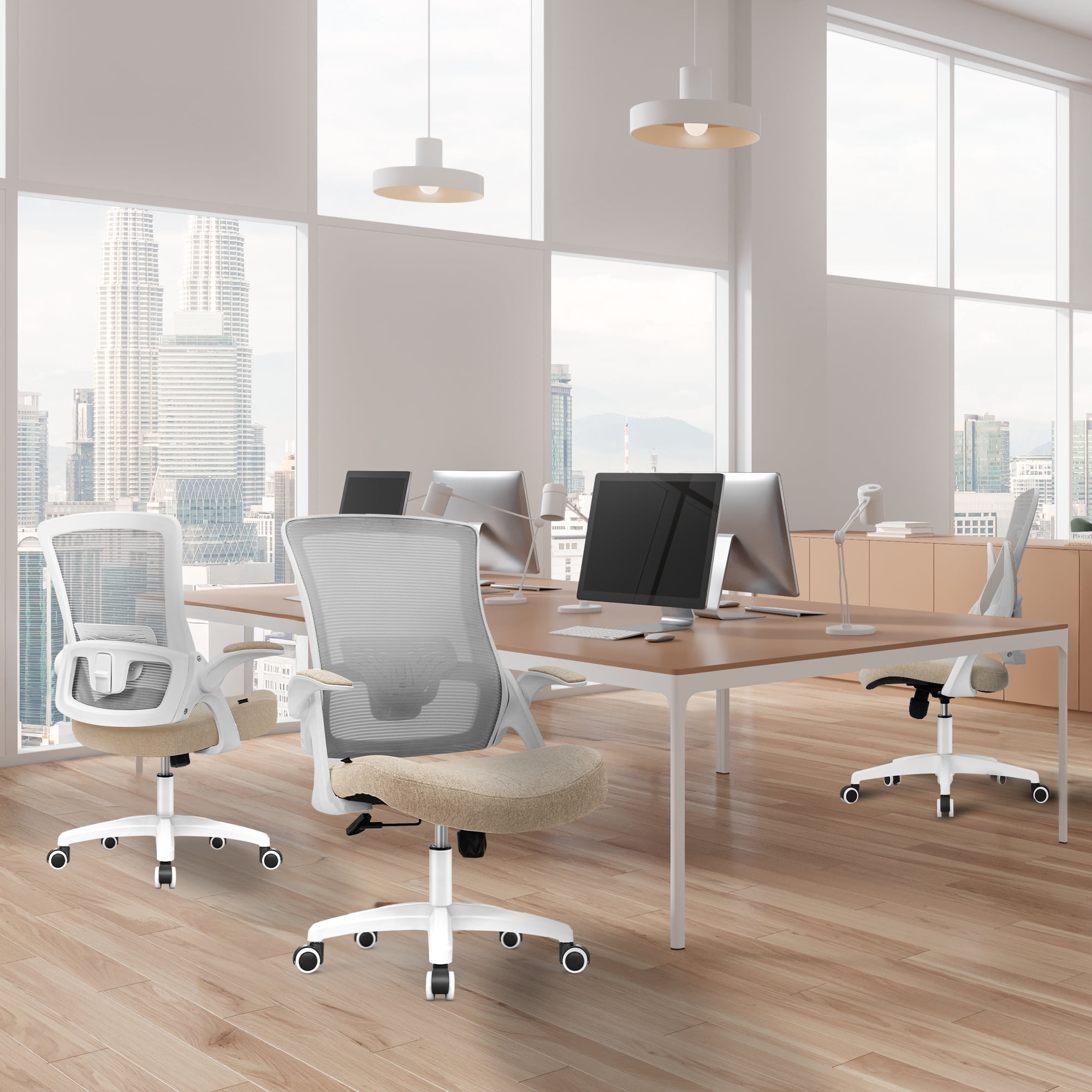 CELTOSS Ergonomic Office Chair, Wide Seat with Flip-Up Armrests, Lumbar Support, Adjustable Height, Comfy Home Task Computer Chair, Beige