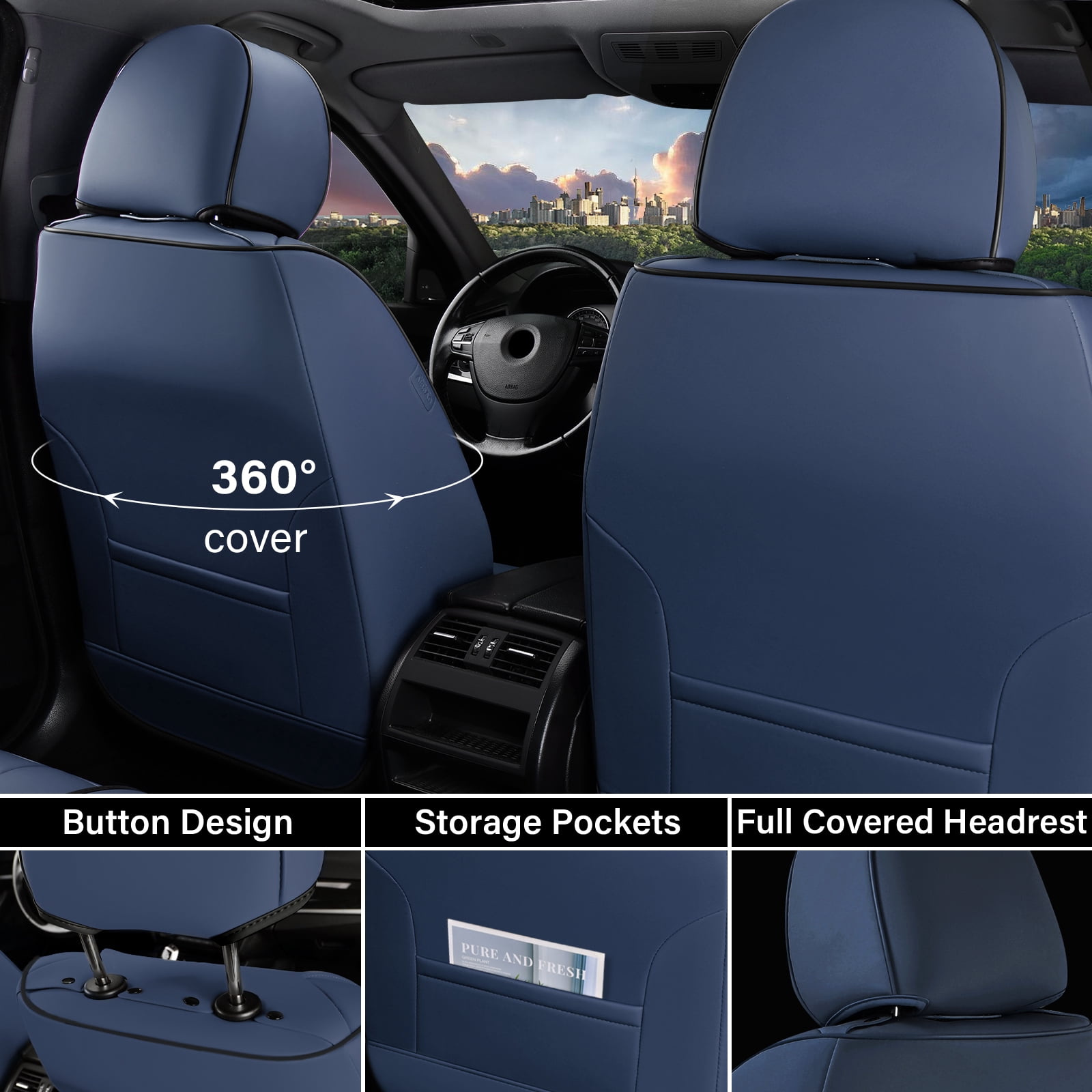 Coverado Car Seat Covers Full Set, Waterproof Airbag Compatible Faux Leather Front and Back Car Seat Protectors, Universal Fit for Most Sedans SUV Pick-up Truck, Blue&Beige