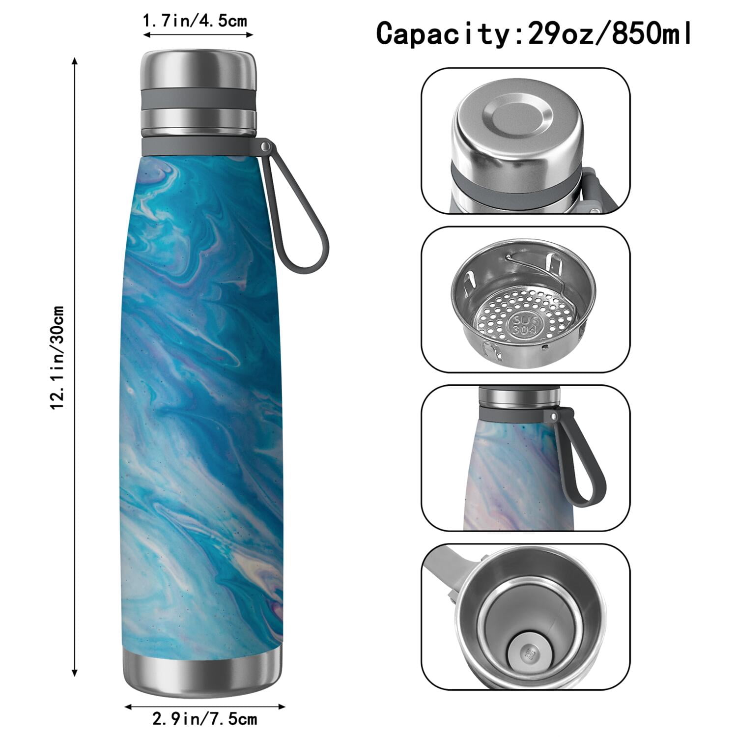 29oz Insulated Water Bottle with Tea Infuser, Stainless Steel Travel Mug, Liquid & Marble Print
