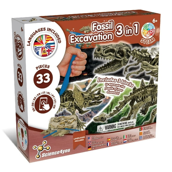 Science4you Dinosaur Fossil Excavation 3 in 1 - Fossil Digging Kit for Kids: T-Rex & Triceratops & Stegosaurus, 3 Dinosaurs Toys for Kids, 37 Pieces, Toys, Games, Gifts for 6  Year Old Boys and Girls