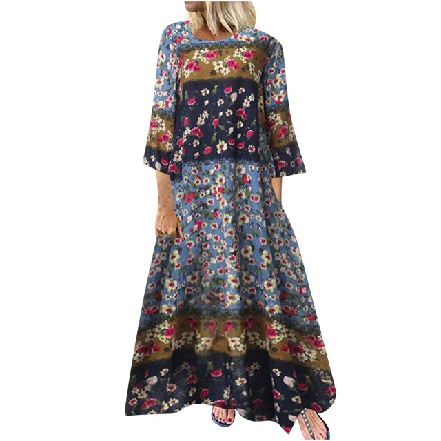 Vestido de manga tres cuartos con cuello redondo y estampado retro informal a la moda para mujer Fridja NMB1674