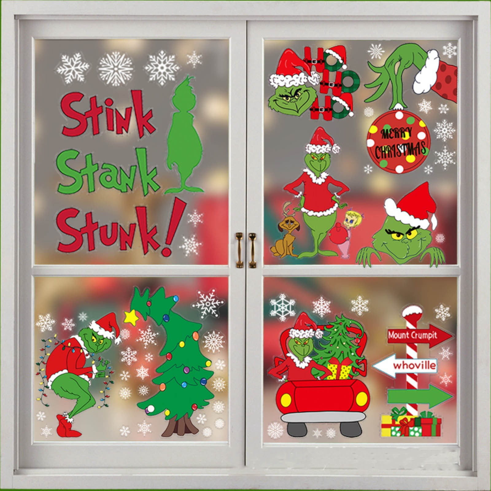 Autocollants De Noël Grinch Pour Fenêtres – 124 Stickers électrostatiques – 9 Planches – Déco Réutilisable Sans Colle