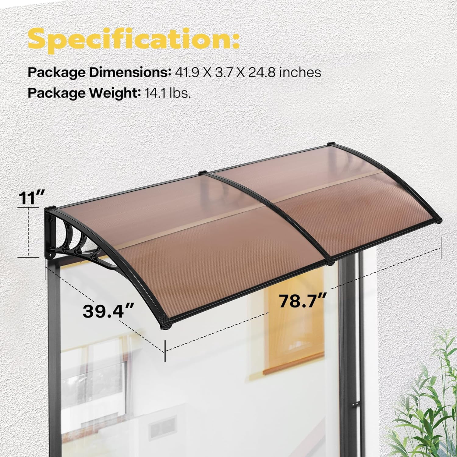 SPECSTAR Polycarbonate Window Door Awning Spliced Canopy Brown with Black Bracket 40 inch x 80 inch
