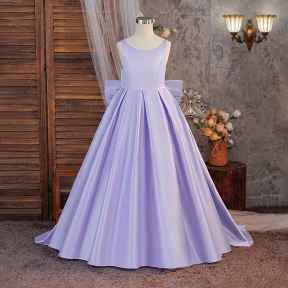 HAYIMI Child Girls Satin Wedding Dress Pageant Gown With Back Bow And Sash O-Neck Sleeveless Versatile Dresses