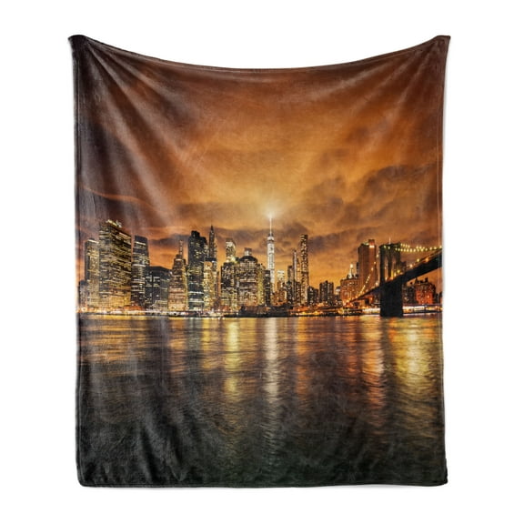 Cityscape Soft Flannel Fleece Throw Blanket, Manhattan at Sunset New York from Brooklyn Reflections Seaport Scenery Print, Cozy Plush for Indoor and Outdoor Use, 50" x 70", Orange Black, by Ambesonne