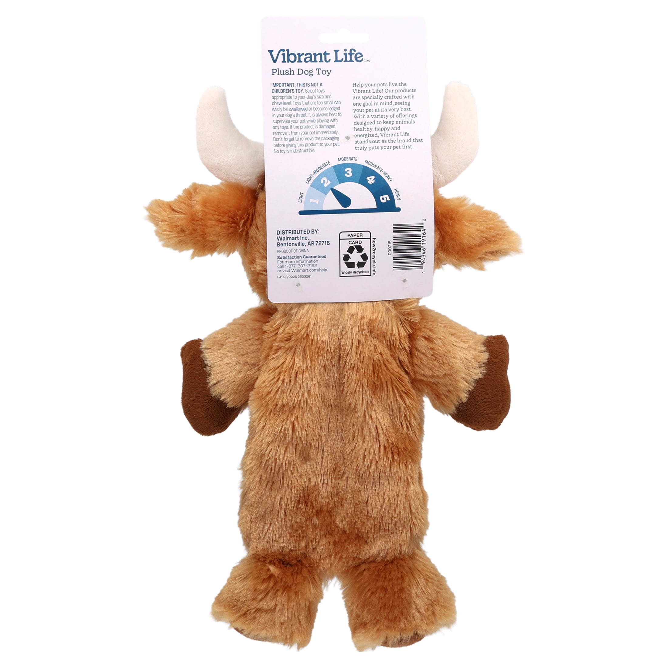 Vibrant Life Brown Longhorn Plush Dog Toy with Crinkle and Squeaker, Chew Level 2