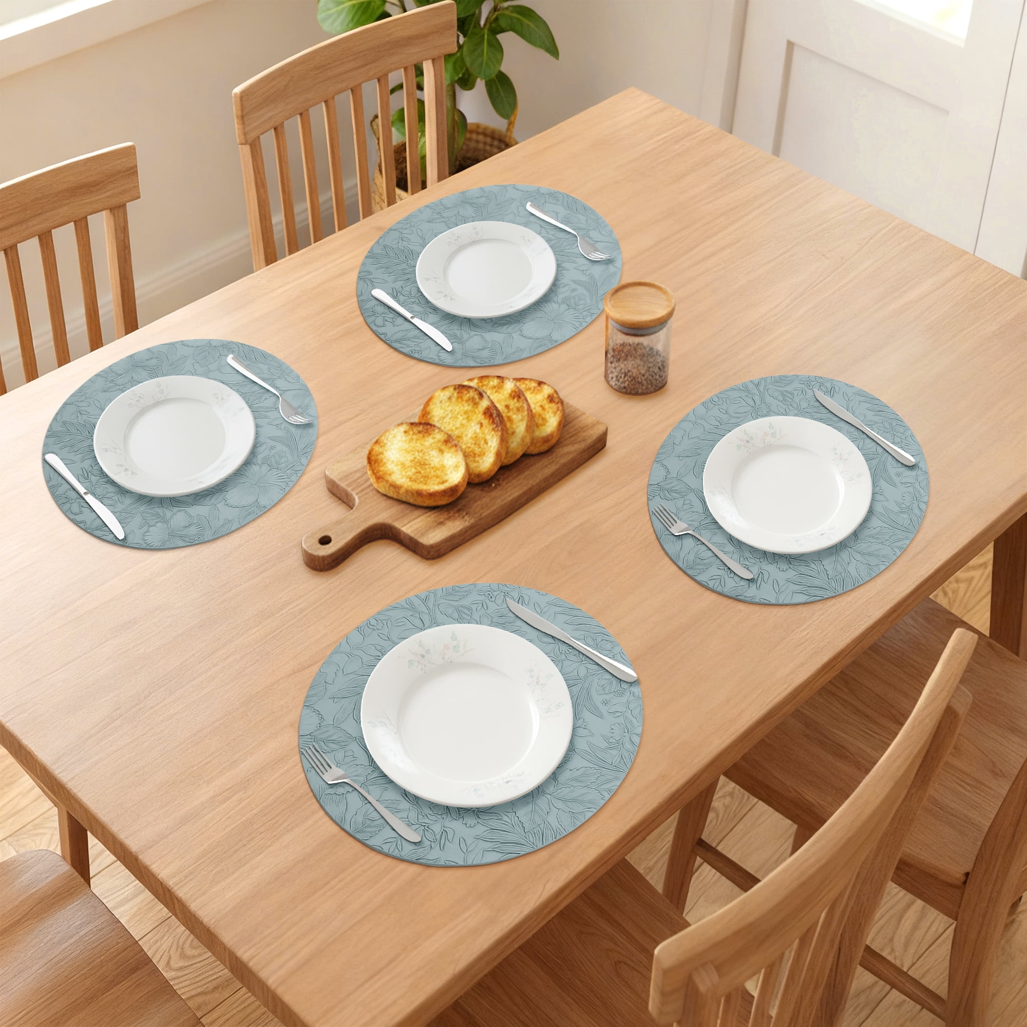Unique Bargains Set of 6 Leather Round Placemats for Kitchen Dining Table Blue