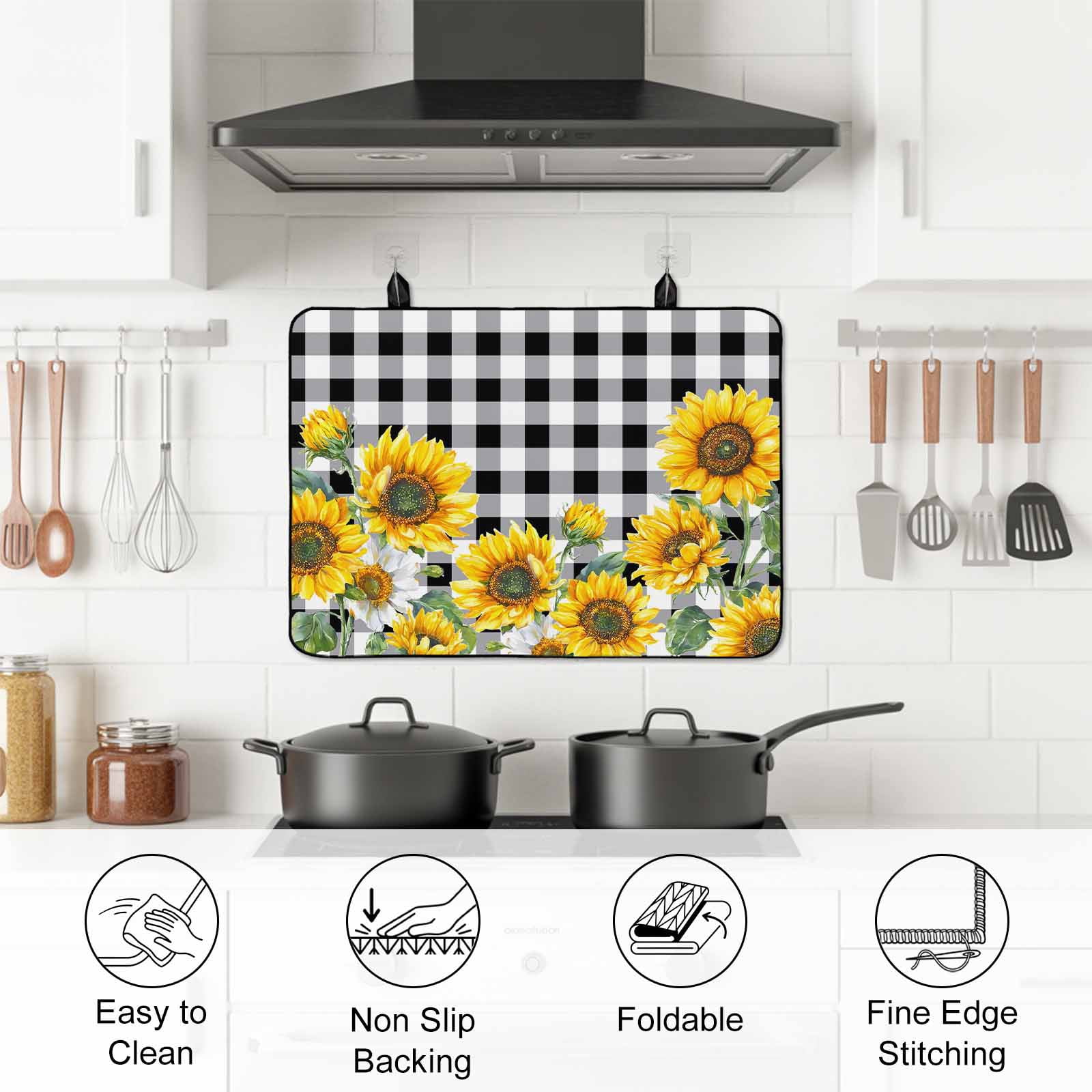Sunflower Stove Top Cover for Electric Stove, Heat-proof & Non Slip Glass Top Stove Cover Protector, Black White Check Country Yellow Floral Kitchen Flat Cooktop Rubber Mat 24x21 Inches