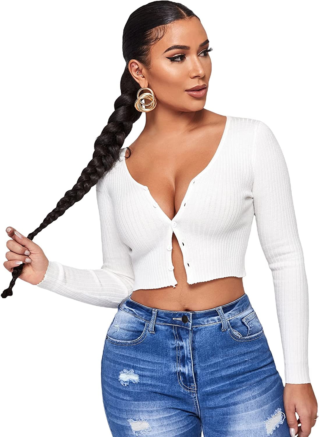 ZWQIANWEXFED Women's Tie Up Long Sleeve Lettuce Trim Crop Top Open Front  Cardigan Sweaters - Walmart.com