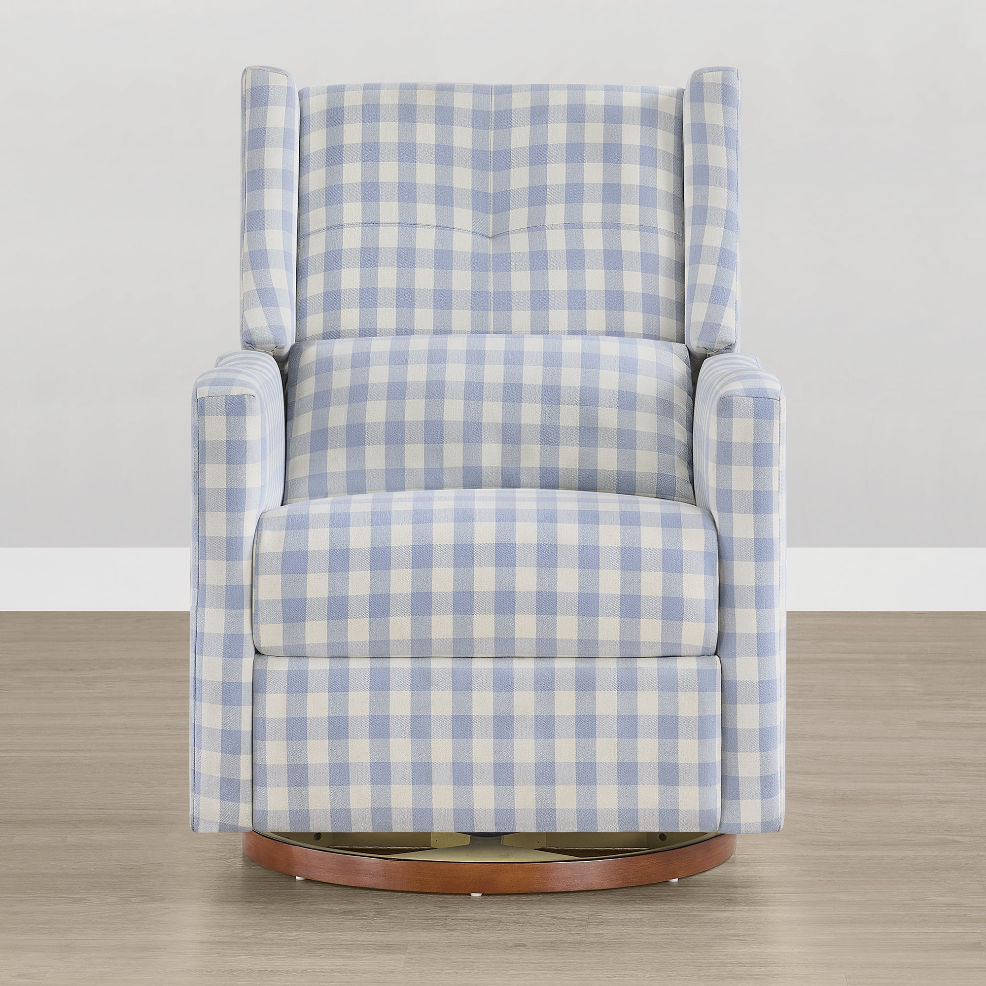 Spruce & Spring Swivel Glider Recliner Chair for Living Room & Nursery, Chenille Fabric, Baby Blue & Cream Plaid