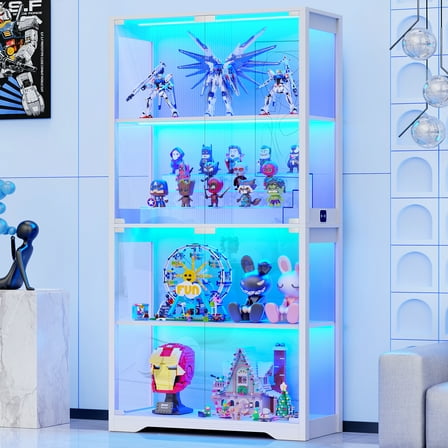 MIIFUNY Display Cabinet with Glass Doors 4 Tier Curio Cabinet & Bookshelf with LED, White