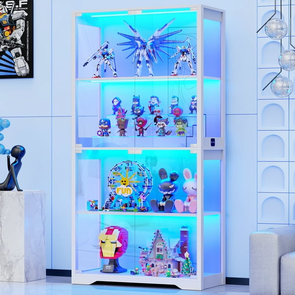 MIIFUNY Display Cabinet with Glass Doors 4 Tier Curio Cabinet & Bookshelf with LED, White