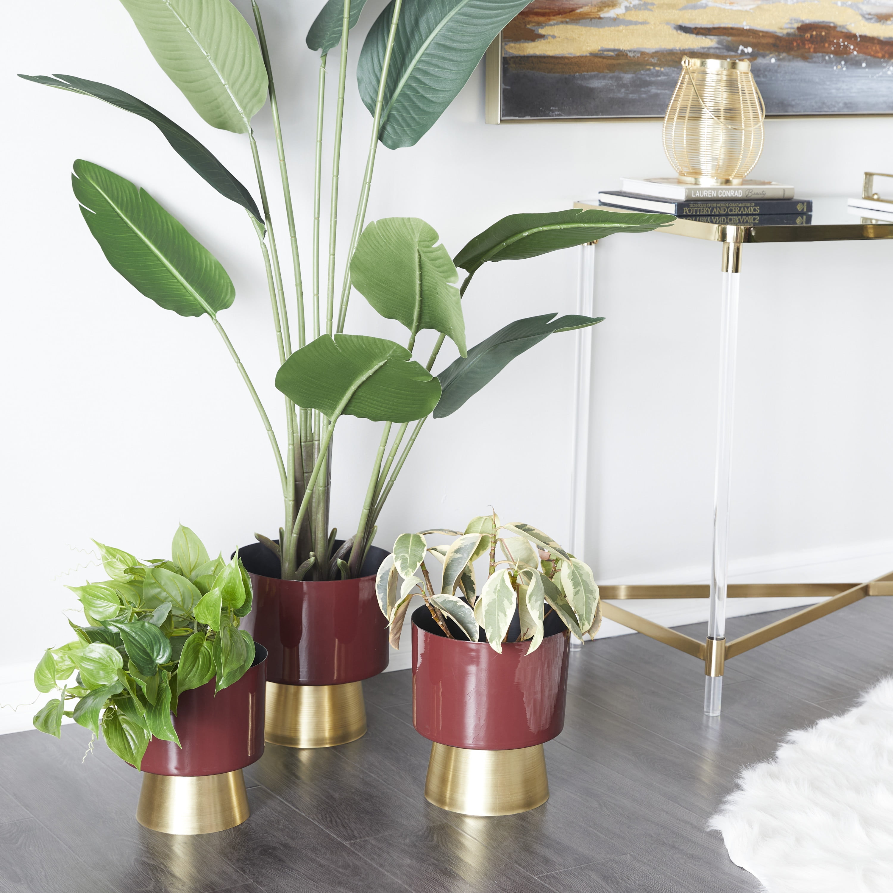 CosmoLiving by Cosmopolitan 11", 10", 9"H Red Metal Planter with Gold Base (3 Count)