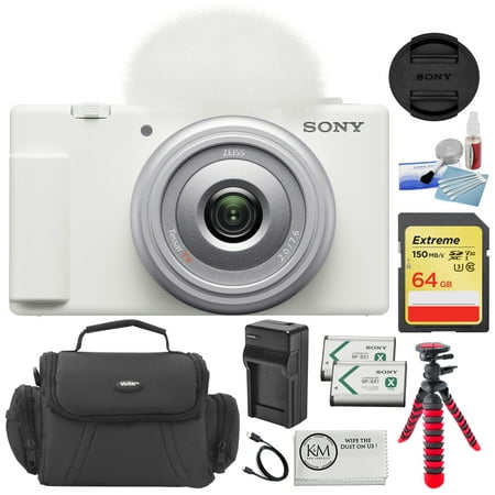 Sony ZV-1F Vlogging Camera | White Bundle with 64GB Memory Card + Cleaning Cloth + Striker Tripod 12" Flexipod (Red/Black) + Spare Battery + Battery Charger + Vivitar DC-49 Camera Bag + Precision Desi