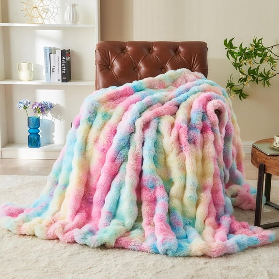 Faux Fur Throw Blanket Tie Dye Colorful Rainbow Blanket for Couch Plush Fluffy Faux Rabbit Fur Decoration Blanket for Sofa Chair Bed (Rainbow, 51''x63'')