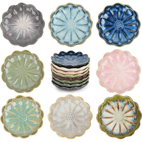 Juego de 8 cuencos para mojar, platos de cerámica para salsa de soja, tazas para salsa de 3 oz, cuencos pequeños redondos de crisantemo para mojar sushi, plato para salsa de soja y tomate, cuencos