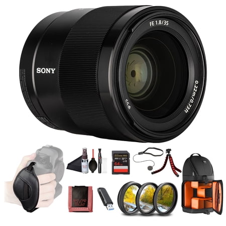 Sony FE 35mm F1.8 Wide-Angle Prime Lens (SEL35F18F) &ndash; Full-Frame E-Mount | Bright F1.8 Aperture | Lightweight Design | Filter Kit BackPack 64GB Card Flex Tripod and More