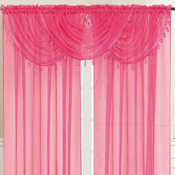 kashi home sheer valance rod pocket, lightweight solid sheer with tassel fringe border, single window waterfall valance, 36" x 35", lisa (hot pink)