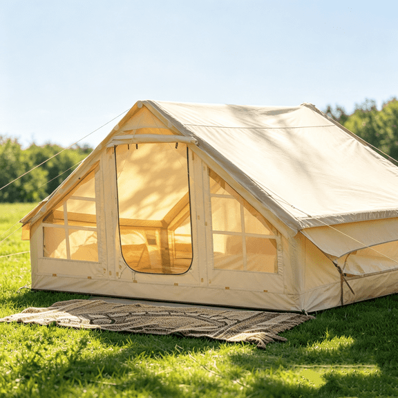 Inflatable Camping Tents with Hand Pump, Air Glamping Tents, Easy Setup Waterproof and Windproof Blow up Tent, 4 Seasons Oxford Cabin Tent with Mesh & Chimney Window.