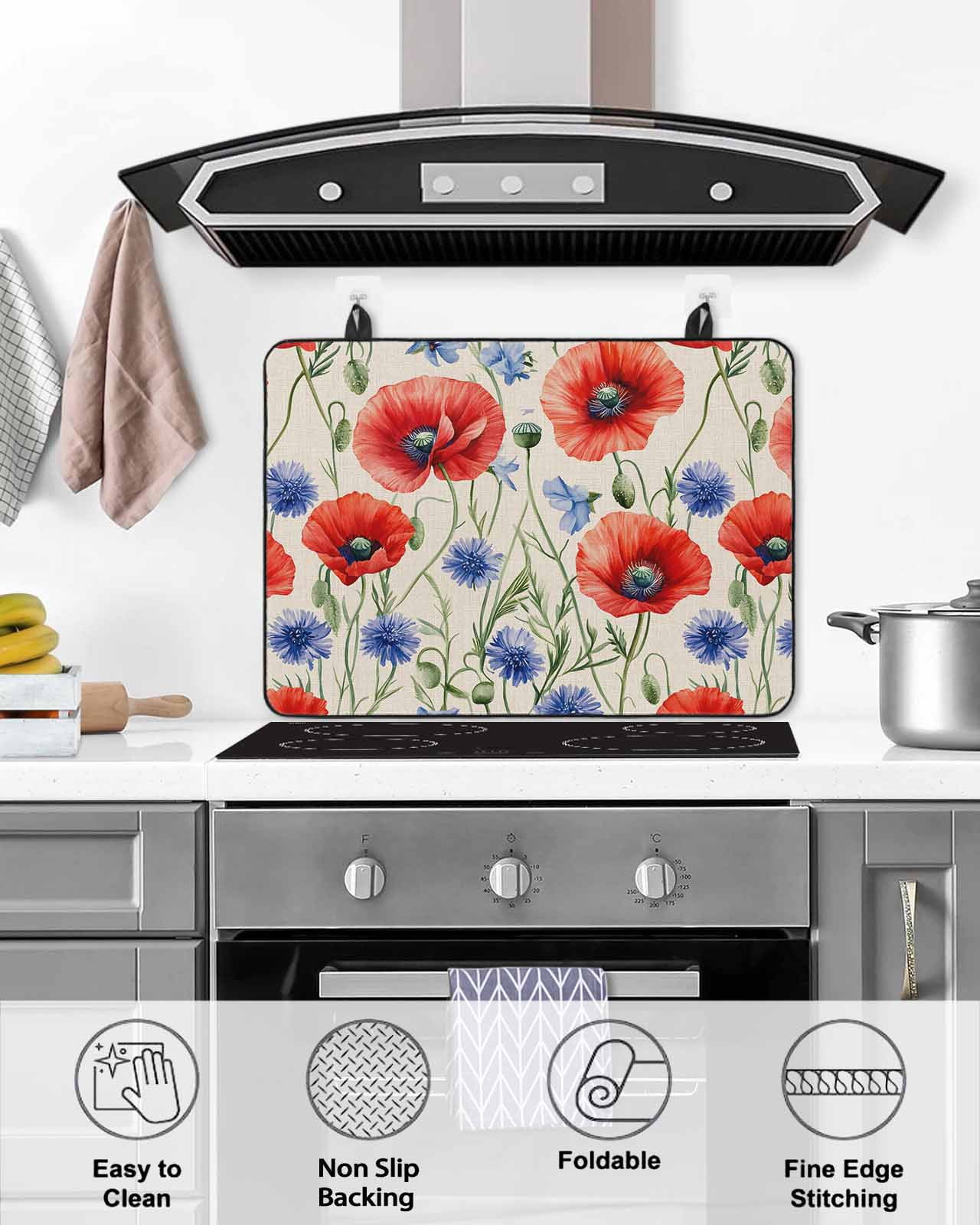 nqOlkjepod Large Induction Cooktop Protector Mat 28.5"x20.5", Red Blue Flowers Stove Top Covers for Electric Stove, Patriotic Poppy Floral Summer Country Stove Burner Cover Mats Stove Cover