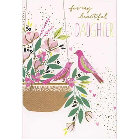 Pictura Two Pink Birds with Polka Dot Wings in Hanging Flower Planter Mother's Day Card for Daughter