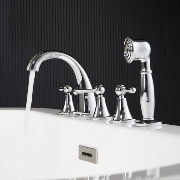 WOODBRIDGE Bathroom 5-Hole Tub Hand Shower,Deck Mounted Bathtub Filler Faucet with 3 Handles,Brushed Nickel Finish, F0022 BN