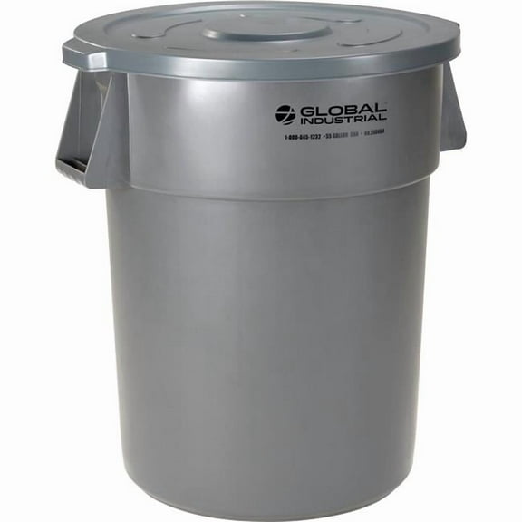 Global Industrial 240464GYCL Plastic Trash Can with Lid - 55 gal - Gray