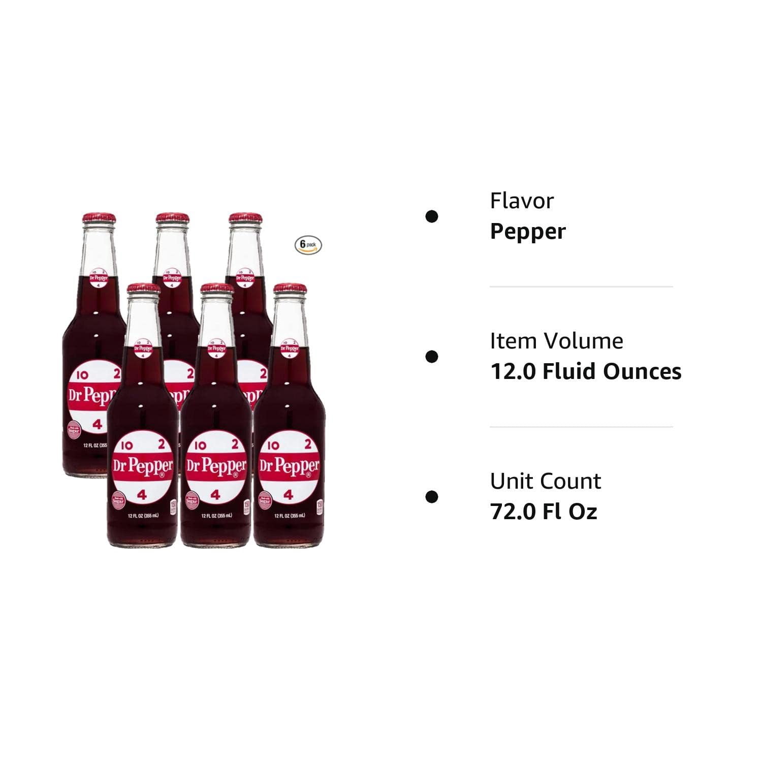 Dr Pepper Real Sugar Soda 12 Oz Glass Bottle (Pack of 6, Total of 72 Oz)