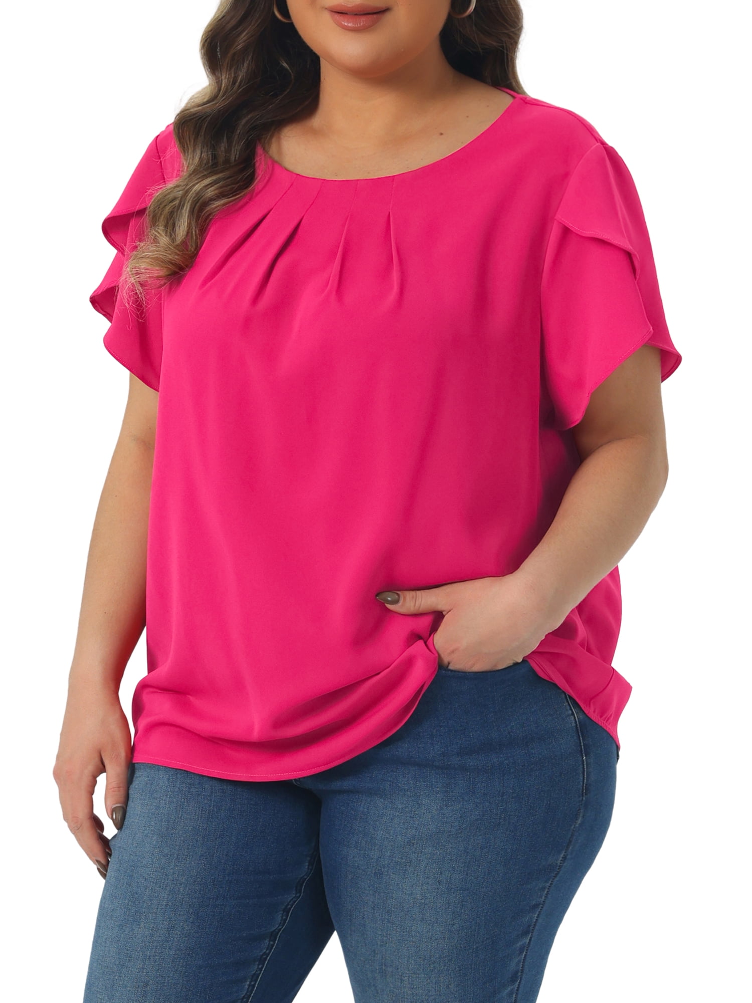 DARING DIVA Women's Plus Size Round Neck Pleated Tulip Sleeve Shirt Blouse 1X Hot Pink