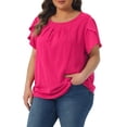 thumbnail image 4 of Agnes Orinda Women's Plus Size Work Pleated Short Sleeve Round Neck Tulip Sleeves Summer Blouses 2X Hot Pink, 4 of 6
