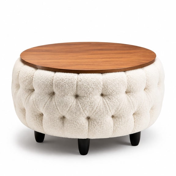 32-Inch Round Storage Ottoman, Upholstered Coffee Table with Wooden Top, Soft Teddy Fleece Surface, Classic Tufted Design, for Living Room Bedroom, White