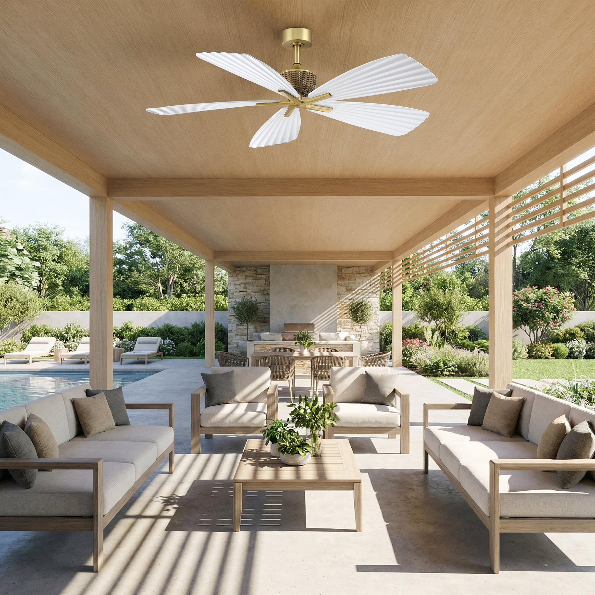 Parrot Uncle 56" Outdoor IP66 Waterproof Tropical Palm Leaf Ceiling Fan with Remote Control, 6-Speed DC Motor, No Light, White ABS Blades