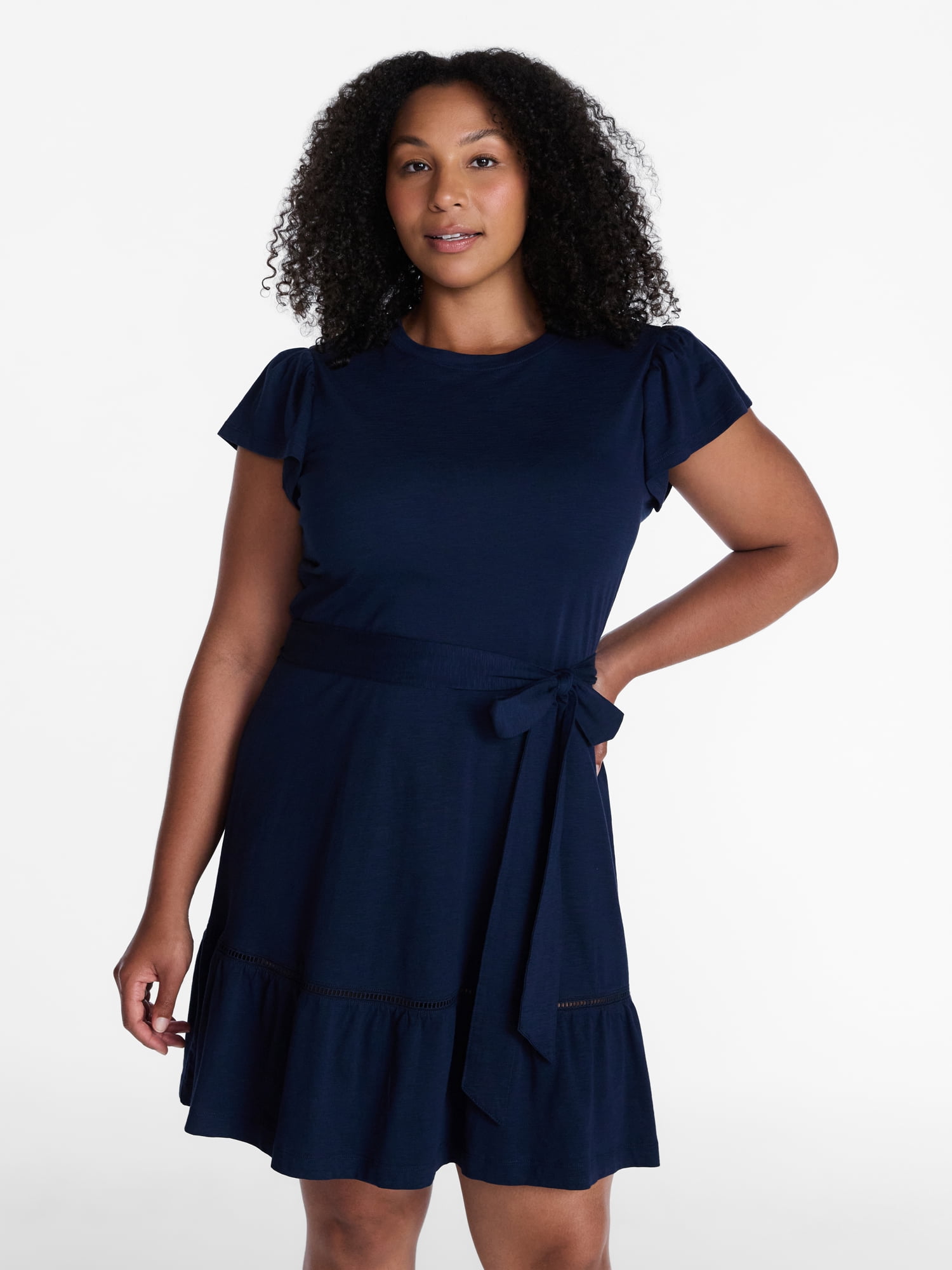 Time and Tru Women's and Women's Plus Belted Mini Dress with Flutter Sleeves, Sizes XS-4X