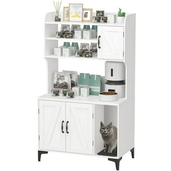 Tuekys Cat Litter Box Enclosure with Shelves, Litter Box Enclosure, Hidden Litter Box Furniture, Sturdy Cat Washroom Storage, Indoor Cat House Furniture,White