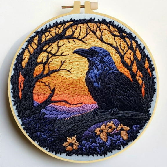 Punch Needle Kits A Raven under Sunset Embroidery Starter Set with Hoop Easy for Beginners DIY Stress Relief Handmade Craft Hobby and Home Decor 20x20cm-2