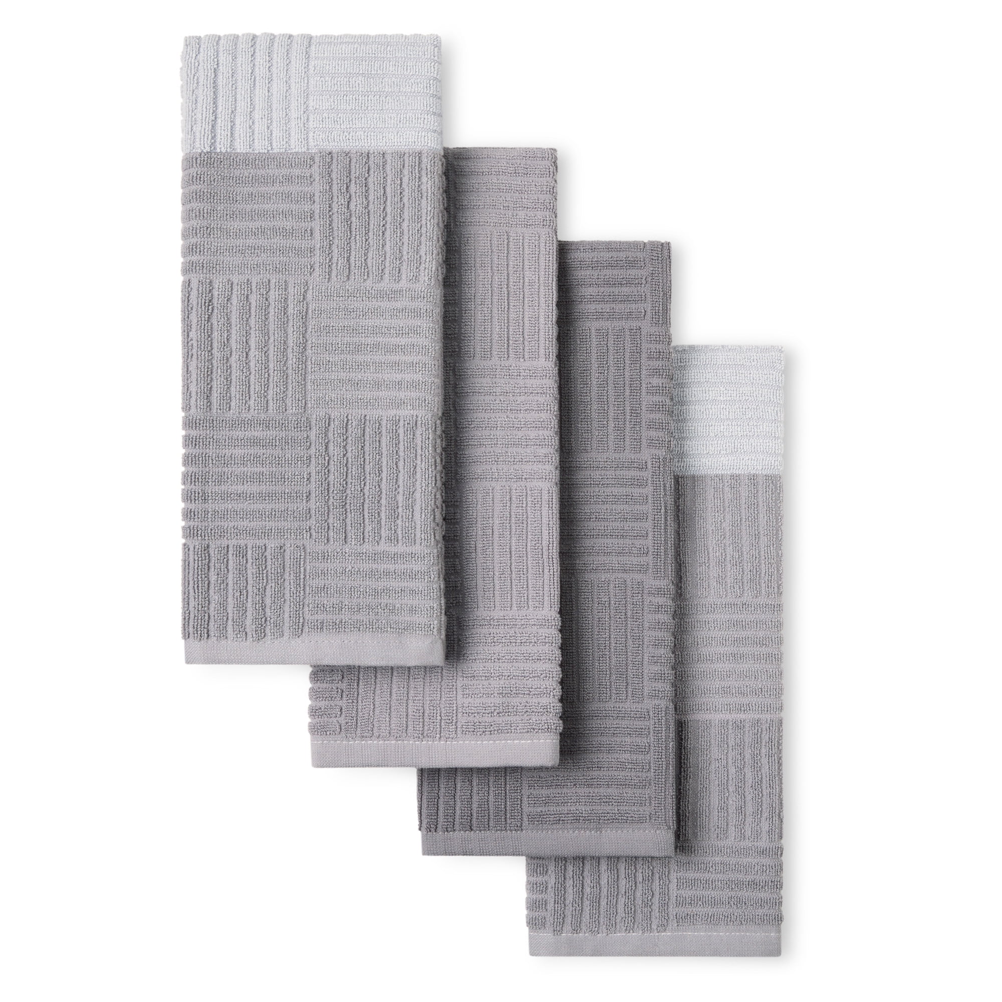 TOWN & COUNTRY BASICS Basketweave Antimicrobial Terrycloth Kitchen Towel 4-Pack Set, Absorbent 100% Cotton, Machine Washable, Grey, 16"x28"