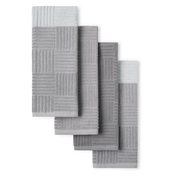 TOWN & COUNTRY BASICS Basketweave Antimicrobial Terrycloth Kitchen Towel 4-Pack Set, Absorbent 100% Cotton, Machine Washable, Grey, 16"x28"