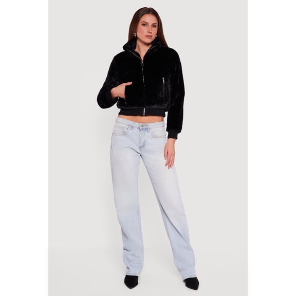 Women's Faux Fur Cropped Long Sleeve Mock Neck Zip Front Jacket